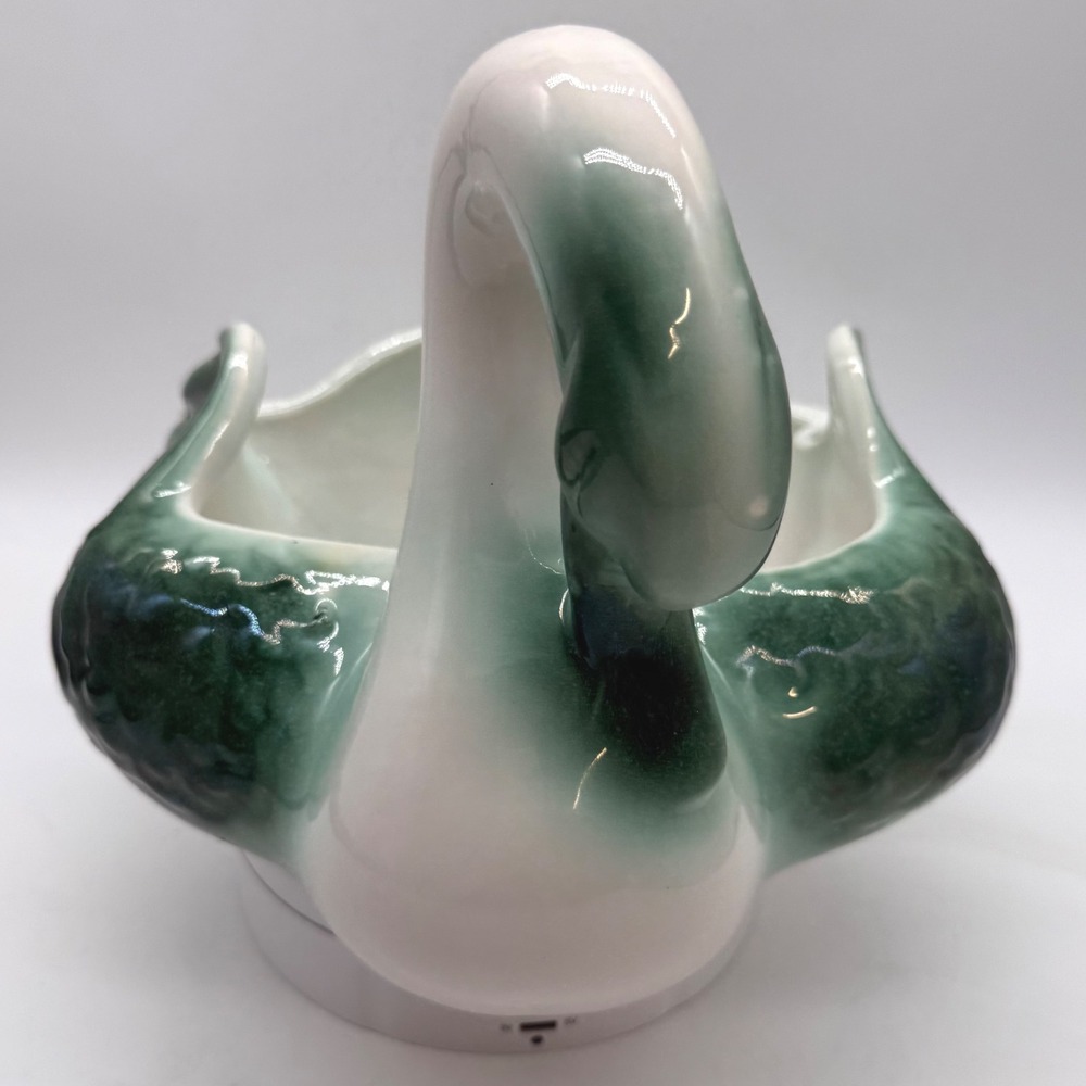 Vintage Coronet 213 USA Ceramic Swan Planter Green White MCM Hollywood regency